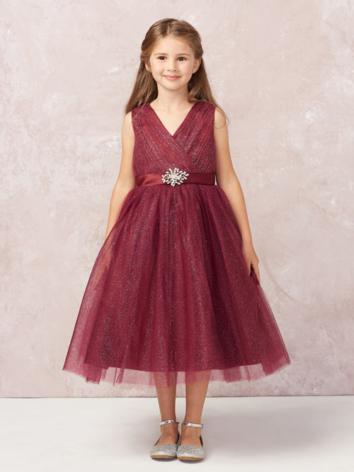 Delicate Glitter V Neckline Tulle Flower Girl Dress 5698 8 / Burgundy (DarkRed)