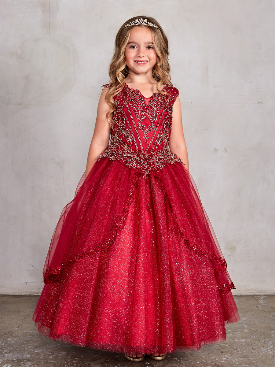Burgundy Girl Dress with Metallic Corded Lace Bodice - AS7028