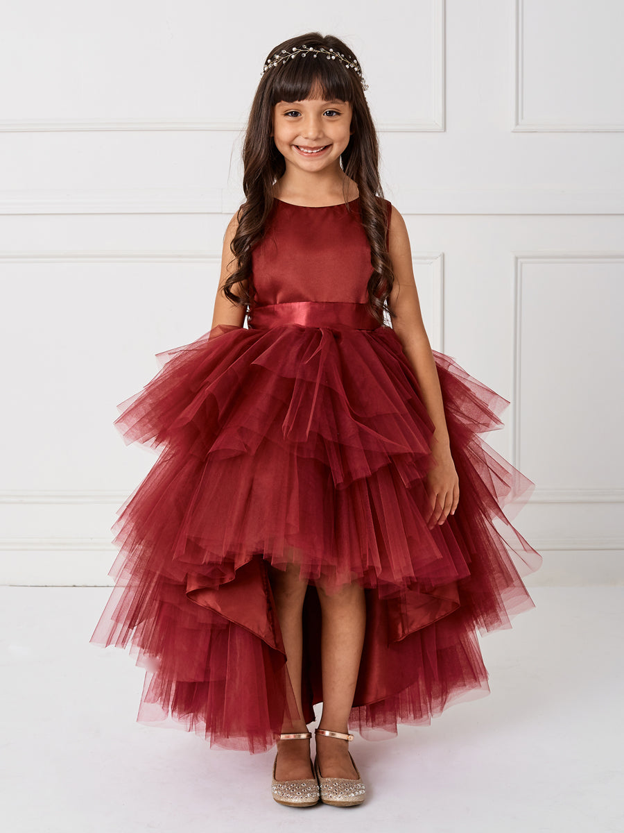 Burgundy Girl Dress with Ruffled Tulle High-Low Dress - AS5658