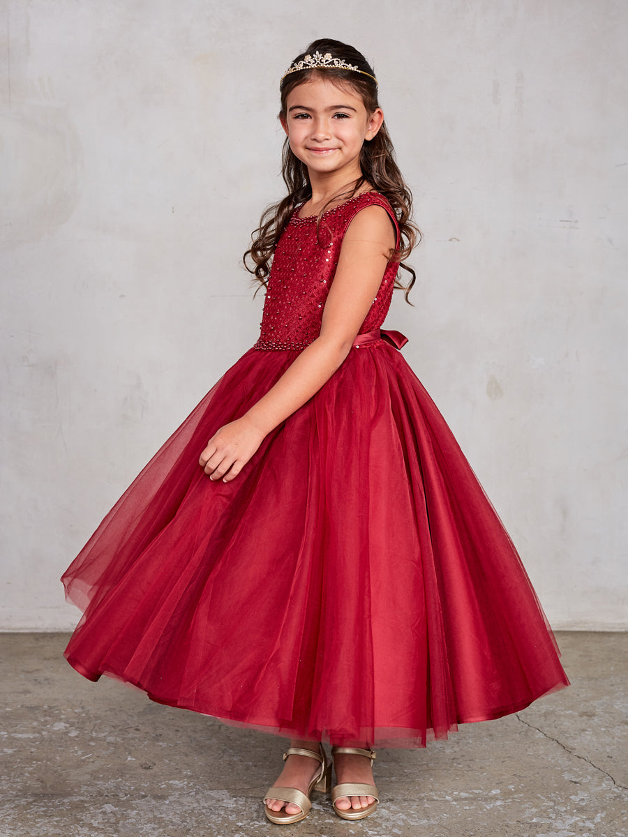 Burgundy Girl Dress with Sequin and Tulle Skirt Dress - AS5752