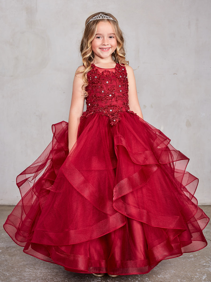 Burgundy Girl Dress with Sleeveless Illusion Neckline Pageant Dress - AS7018