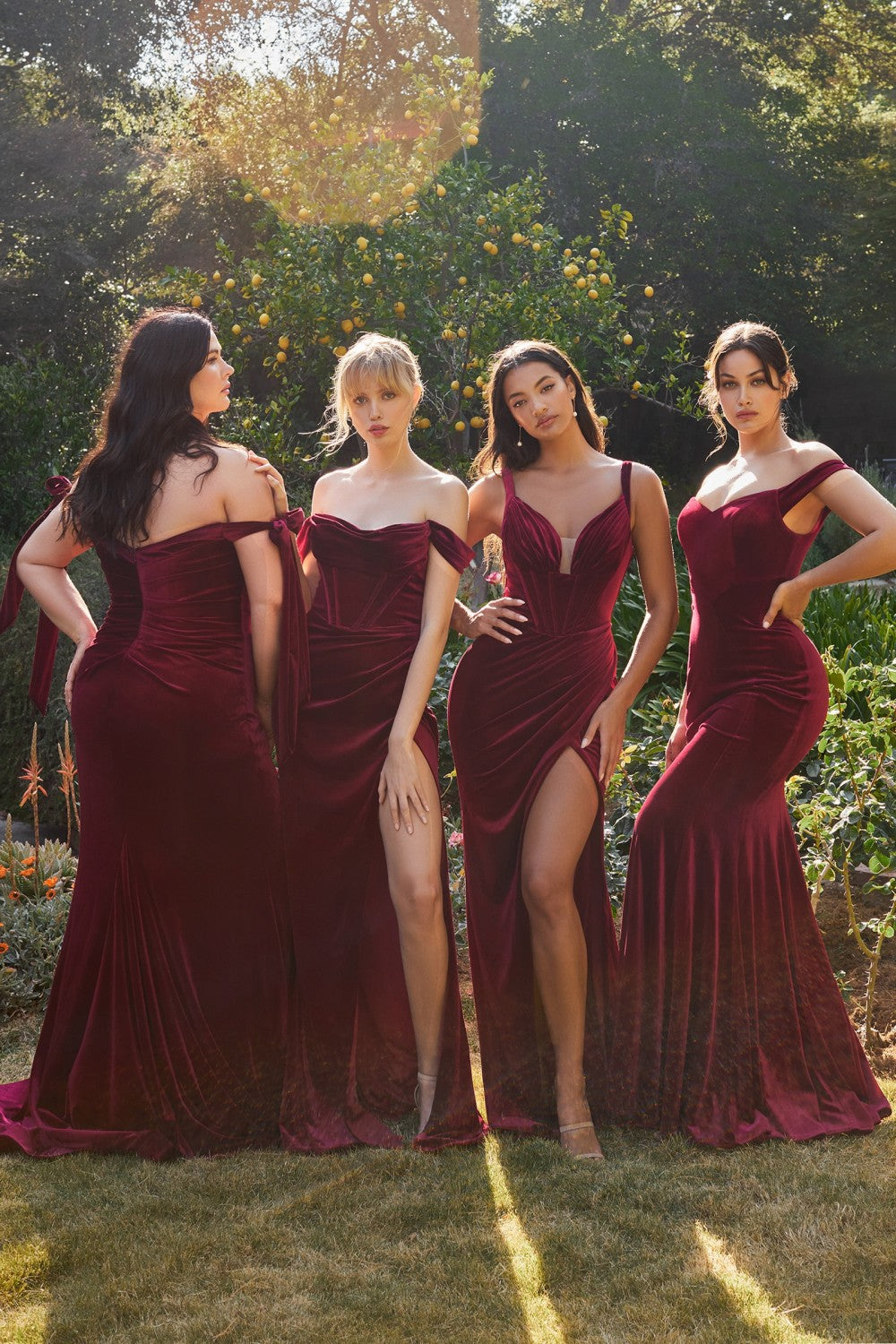 Burgundy Velvet Off The Shoulder Corset Slit Gown - Women Evening Formal Gown CD236 - Special Occasion