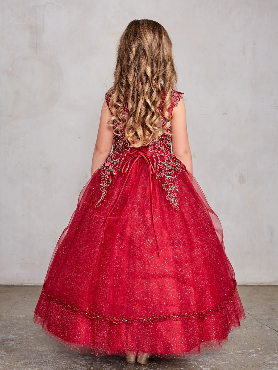 Burgundy_1 Girl Dress with Metallic Corded Lace Bodice - AS7028