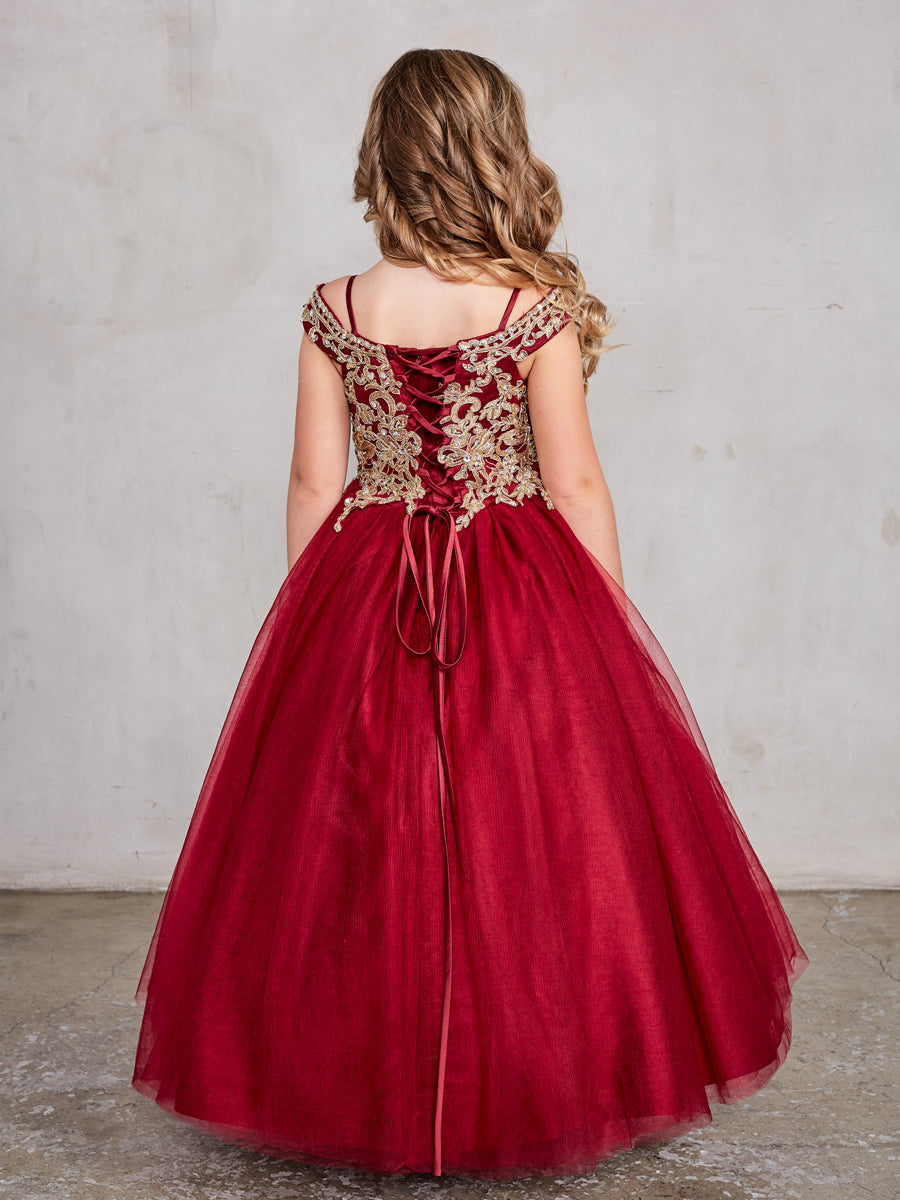 Burgundy_1 Girl Dress with Off-Shoulder Lace Bodice - AS7024