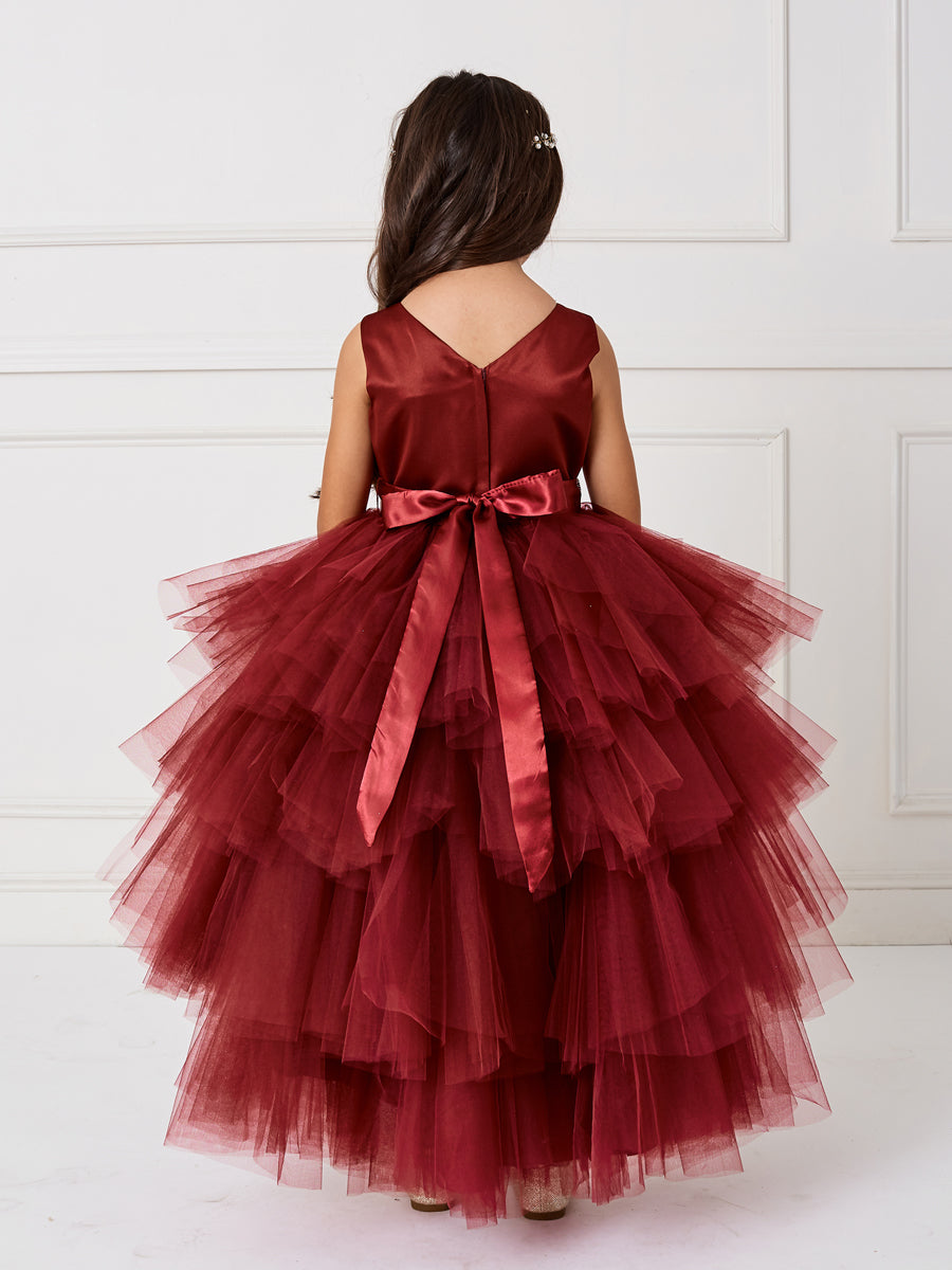 Burgundy_1 Girl Dress with Ruffled Tulle High-Low Dress - AS5658