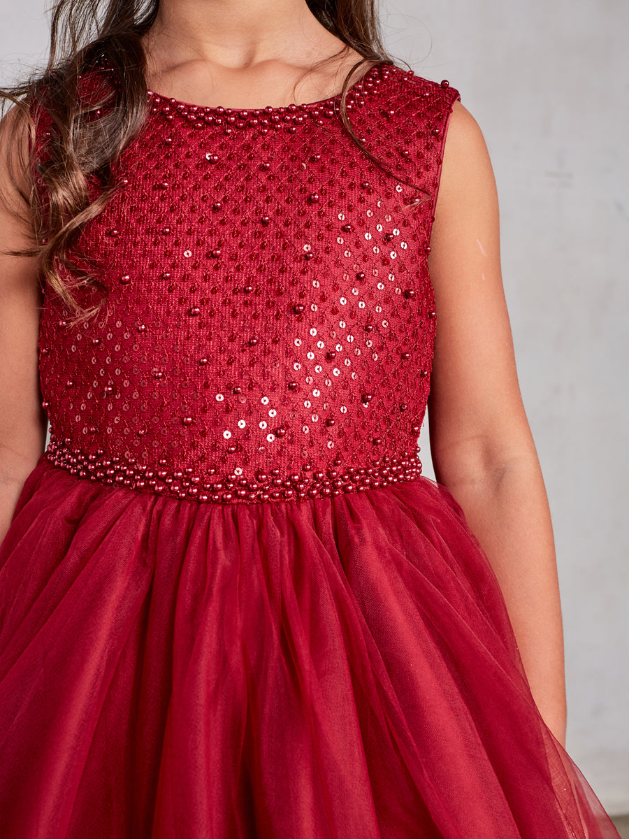 Burgundy_2 Girl Dress with Sequin and Tulle Skirt Dress - AS5752