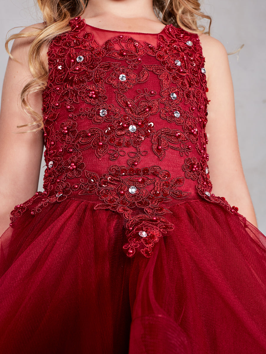 Burgundy_2 Girl Dress with Sleeveless Illusion Neckline Pageant Dress - AS7018