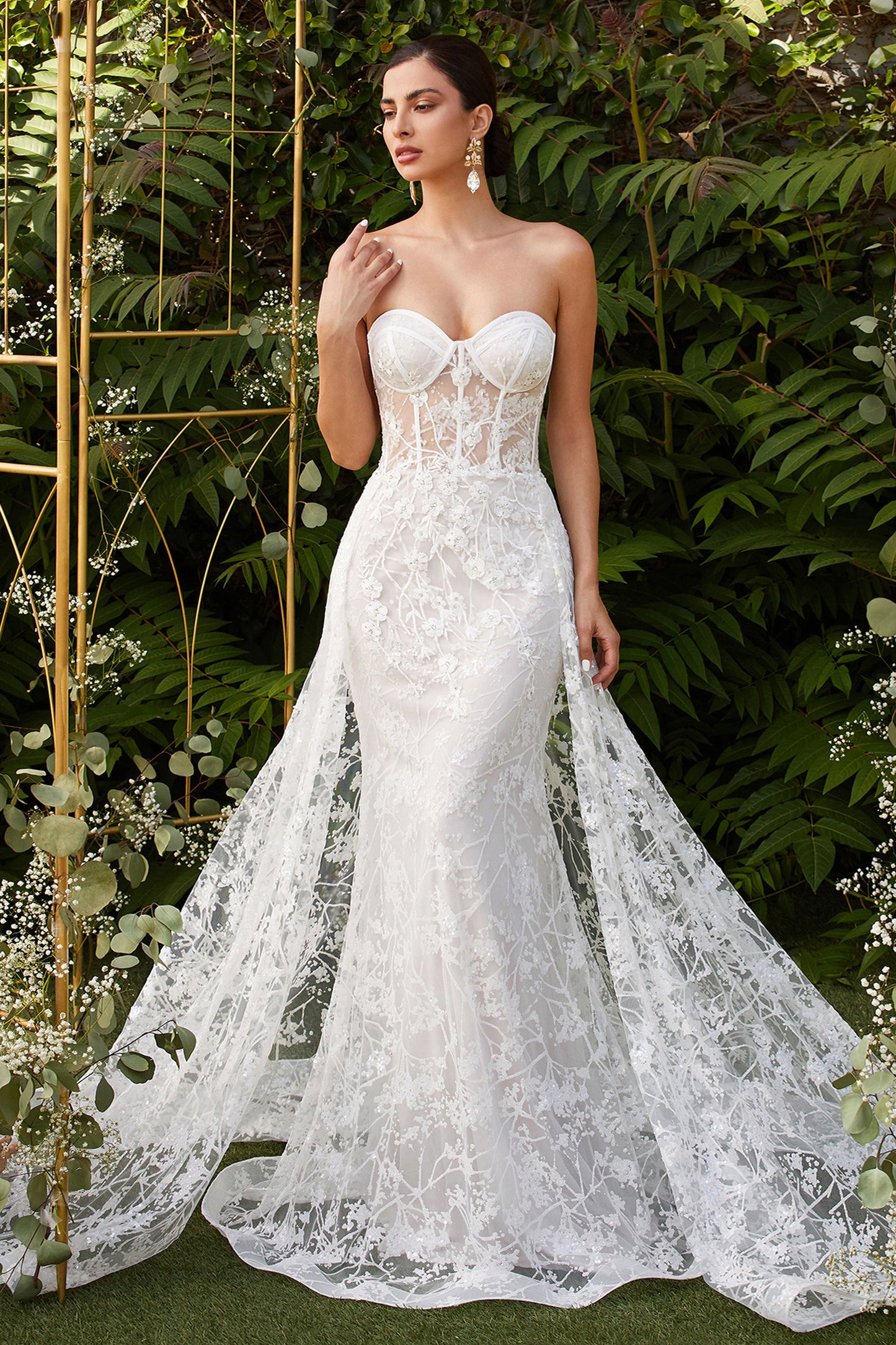 Strapless Fitted Floral Bridal Gown with Overskirt by Andrea and Leo Couture - CB046W
