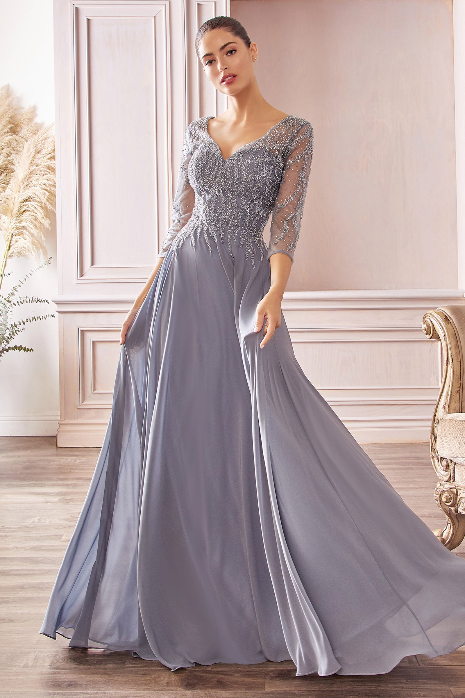 3 4 sleeve beaded dress Flowy Chiffon 3/4 Sleeves Beaded Gown by Cinderella Divine - CD0171