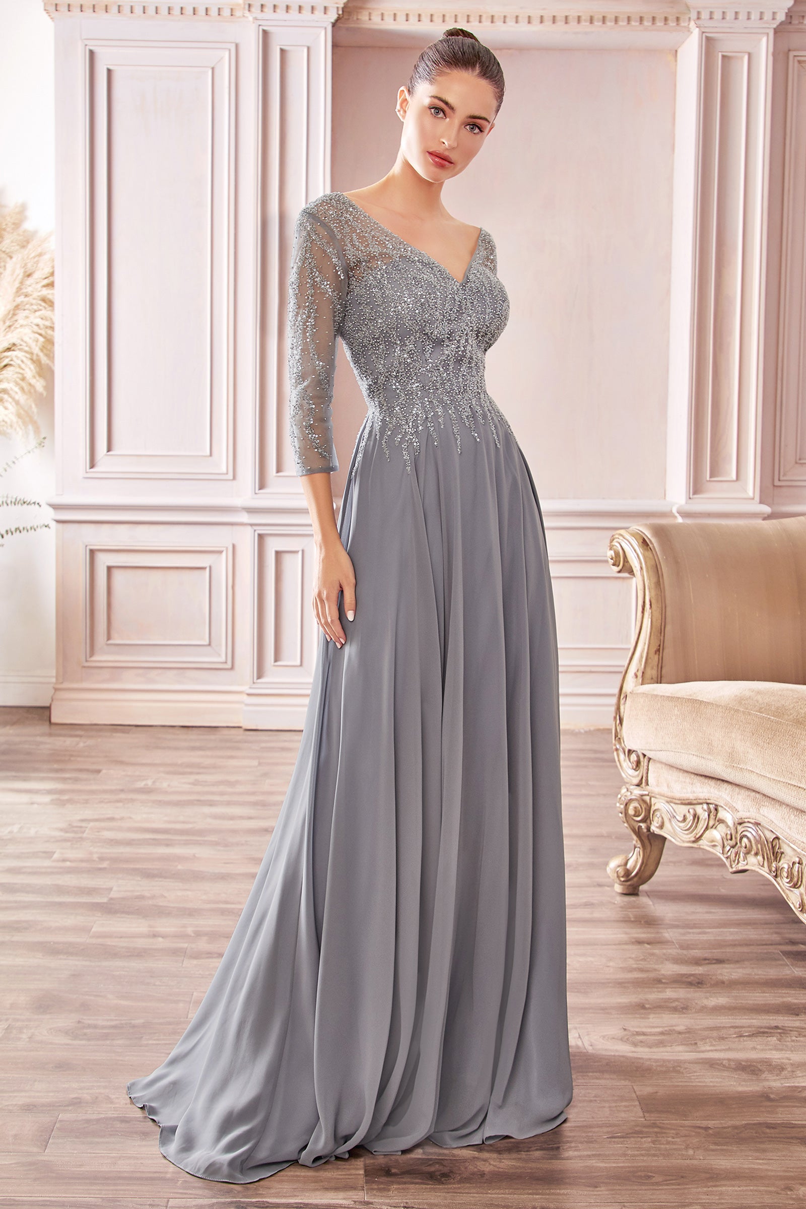 Flowy Chiffon 3/4 Sleeves Beaded Gown by Cinderella Divine