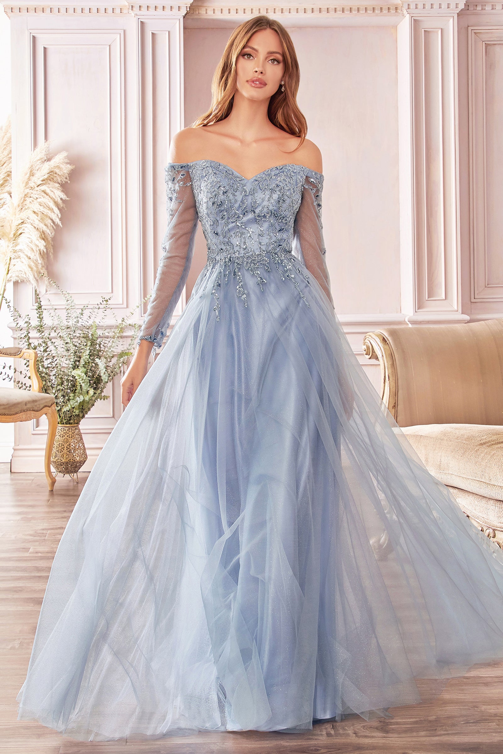 Off the Shoulder Glitter Floral A-Line Gown by Cinderella Divine - CD0 ...