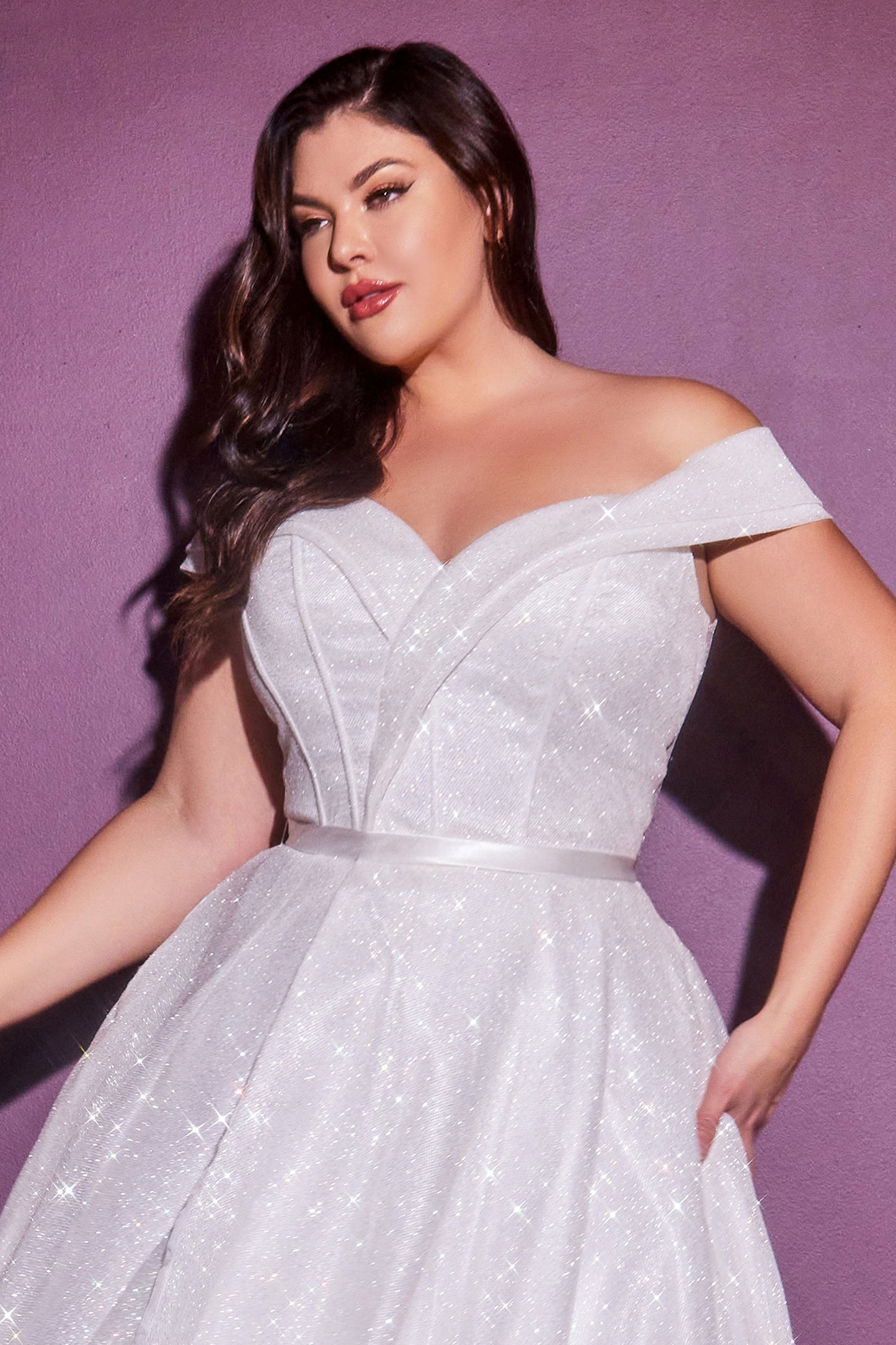 Off the Shoulder Glitter Bridal Ball Gown by Cinderella Divine - CD214WC