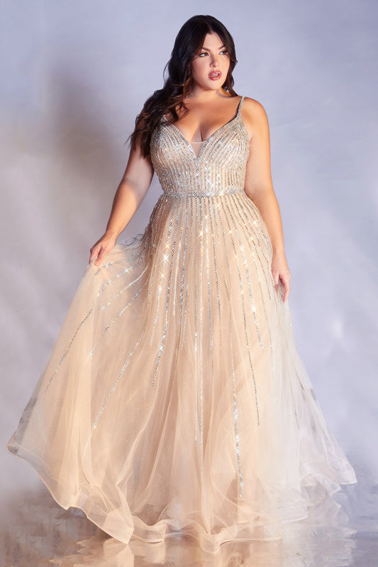 A-Line Embellished Tulle Ball Gown by Cinderella Divine - CD940C - Curves