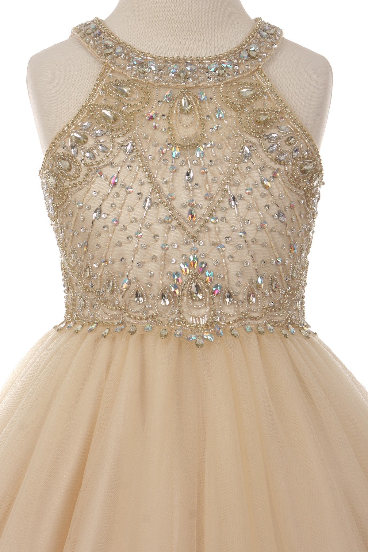 Girls Champagne Rhinestone Halter Neck Tulle Junior Bridesmaid Dress 8-16 - 20