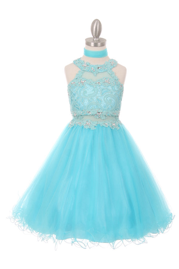 Halter Beaded Rhinestone Tulle Dress by Cinderella Couture USA 5040 18 / Aqua