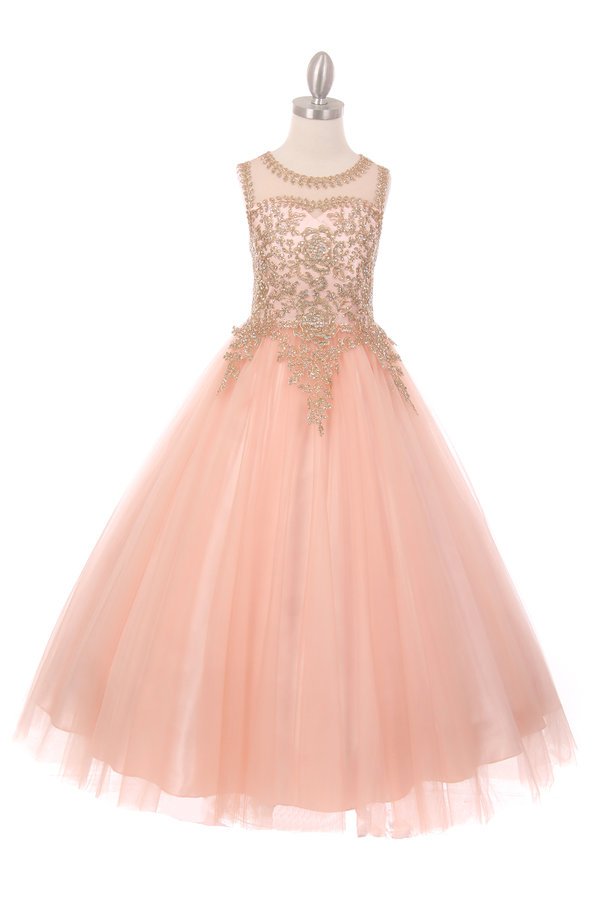 Flower Girls Beaded Ball Gown with Keyhole Back - Blush / 12