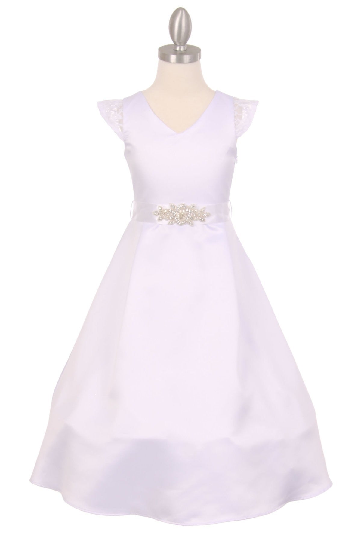 Cap Lace Sleeve Satin Girl Communion Dress by Cinderella Couture USA AS2009 White / 12 Cap Lace Sleeve Satin Girl Communion Dress by Cinderella Couture USA AS2009 White / 12