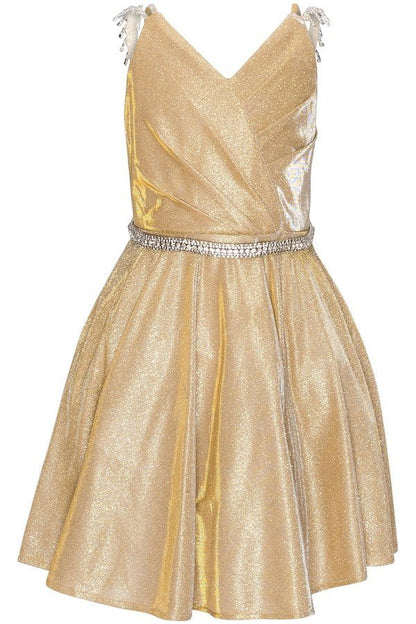 Gold Metallic V Neck Overlap Pleated Flower Girl Dress Little Girls - 4 Gold Metallic V Neck Overlap Pleated Flower Girl Dress Little Girls - 4