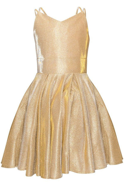 Gold Glitter Metallic Double Strap Junior Bridesmaid Dress Big Girls - 8 Gold Glitter Metallic Double Strap Junior Bridesmaid Dress Big Girls - 8