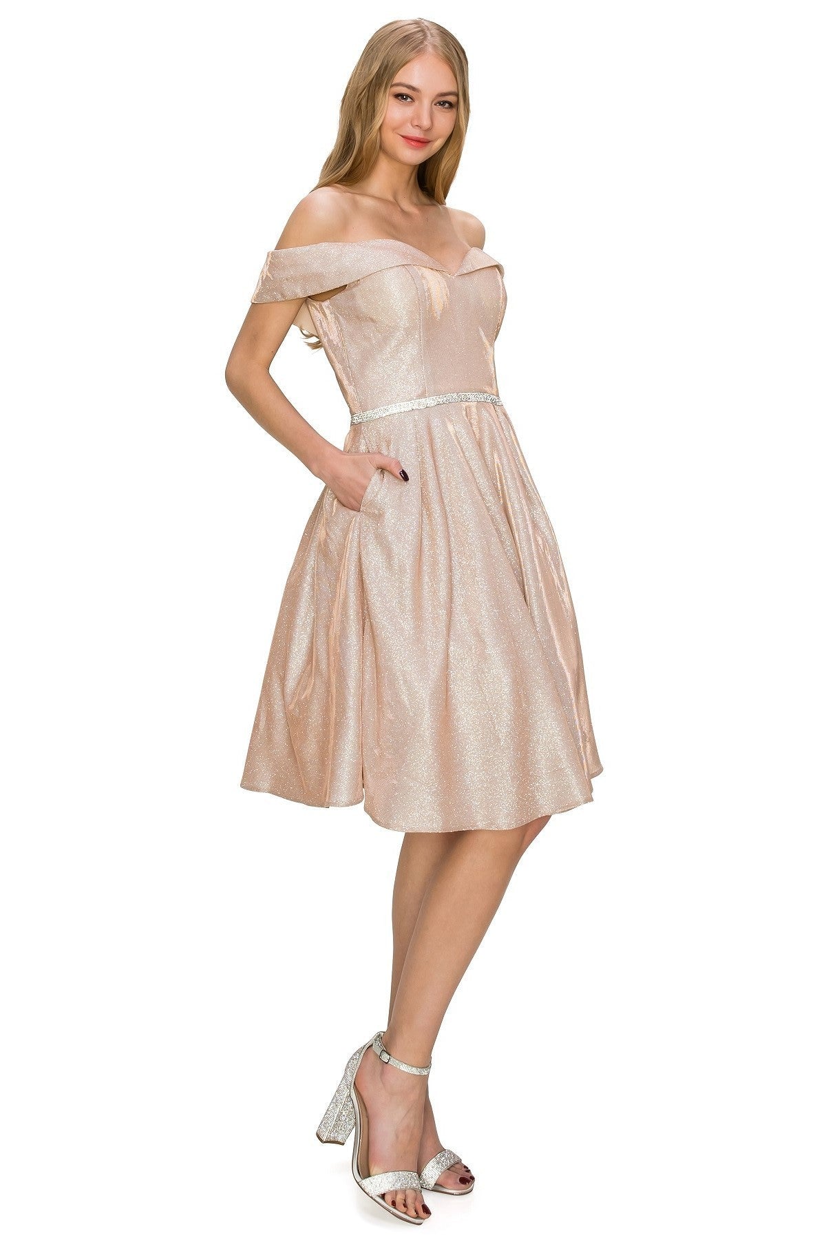 Prom Short Metallic Off Shoulder Homecoming Dress - Rose Gold / M Prom Short Metallic Off Shoulder Homecoming Dress - Rose Gold / M