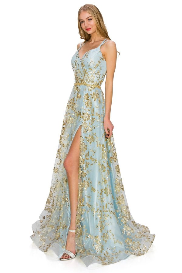 Floral Sequin A-Line Gown by Cinderella Couture USA AS8022J-blue - Special Occasion/Curves