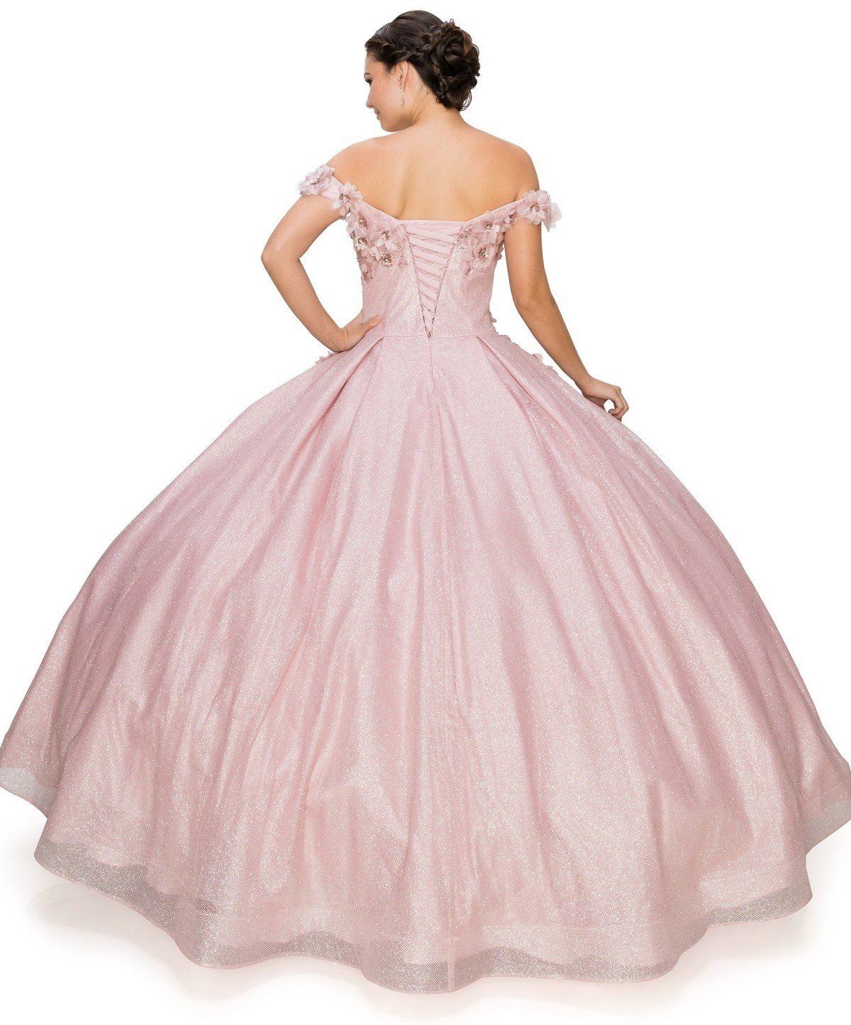 Off the Shoulder Floral Satin Tulle Quinceanera Dress by Cinderella Couture USA AS8020J-drose