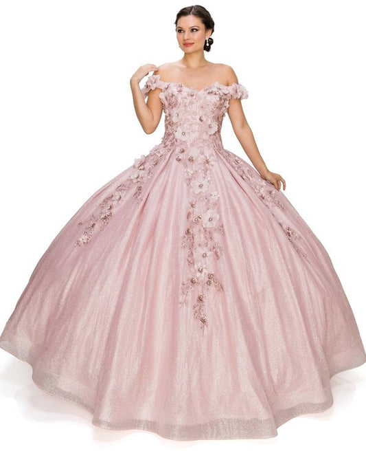 Off the Shoulder Floral Satin Tulle Quinceanera Dress by Cinderella Couture USA AS8020J-drose