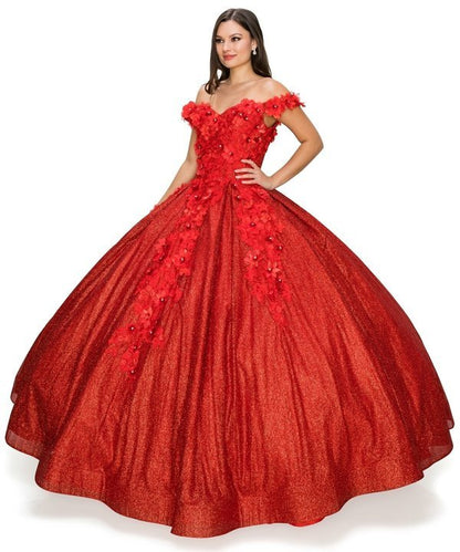 Off the Shoulder floral Satin Quinceanera Dress BY Cinderella Couture USA AS8020J-red