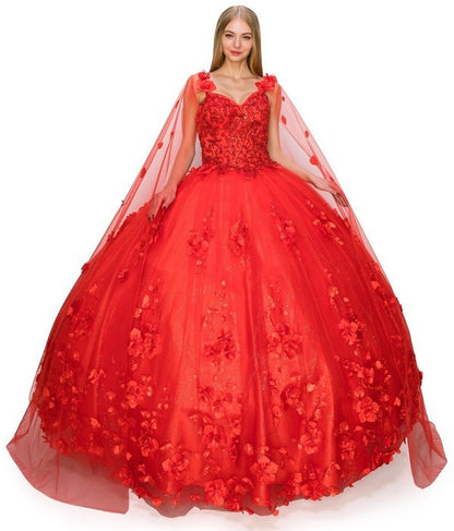 Floral Tulle Quinceanera Dress by Cinderella Couture USA AS8030J-red