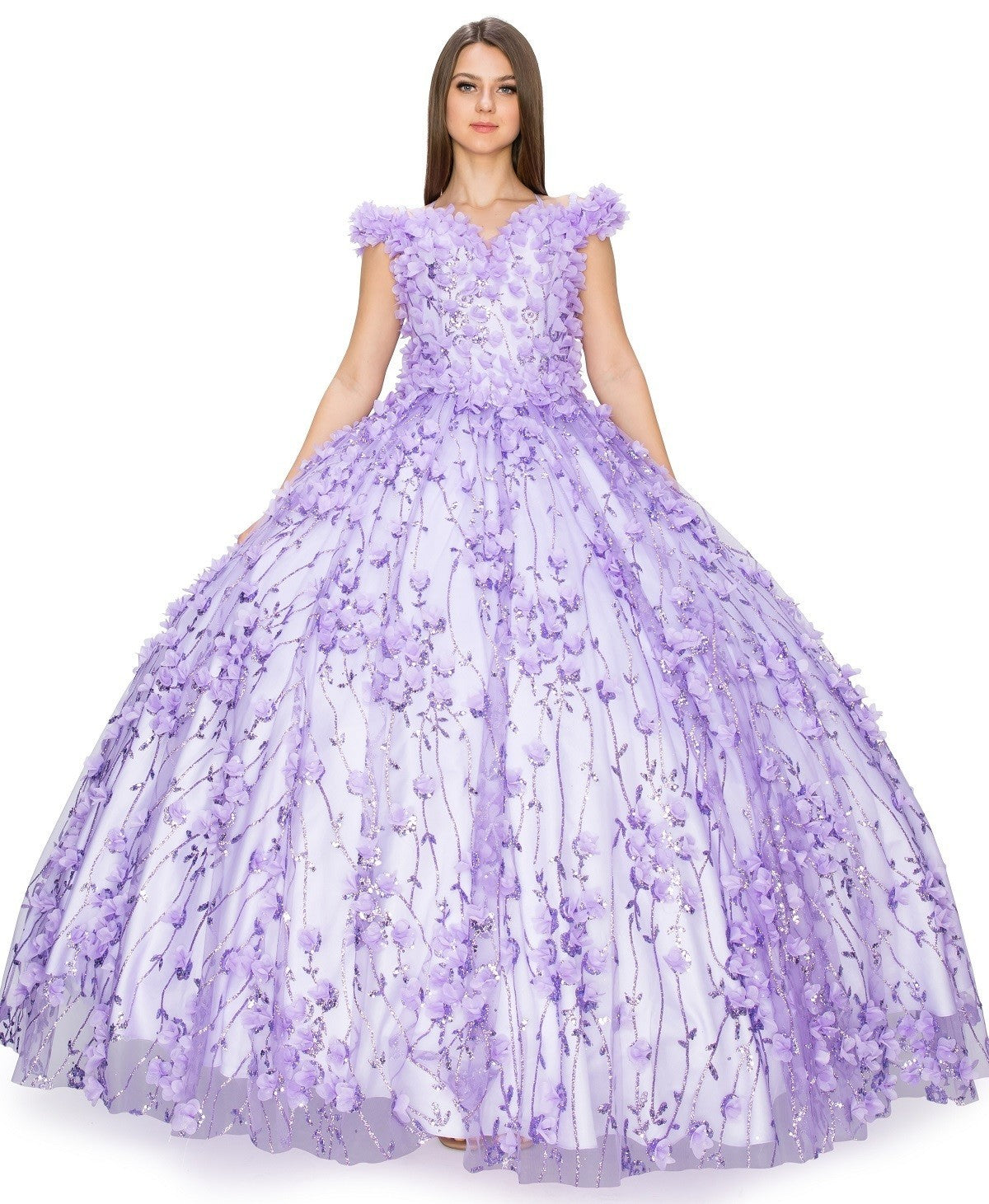 Vestido de quinceañera de tul floral con hombros descubiertos de Cinderella Couture USA AS8021J-LIlac