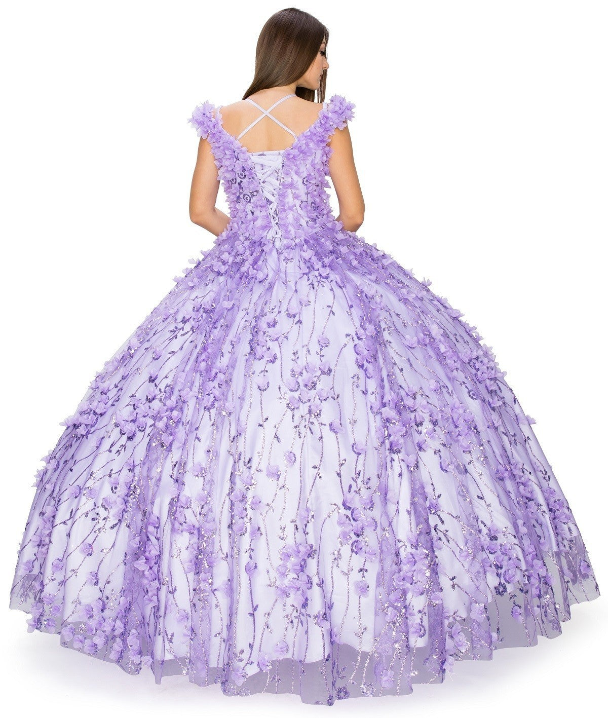 Off the Shoulder Floral Tulle Quinceanera Dress by Cinderella Couture USA AS8021J-LIlac