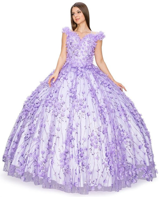 Off the Shoulder Floral Tulle Quinceanera Dress by Cinderella Couture USA AS8021J-LIlac