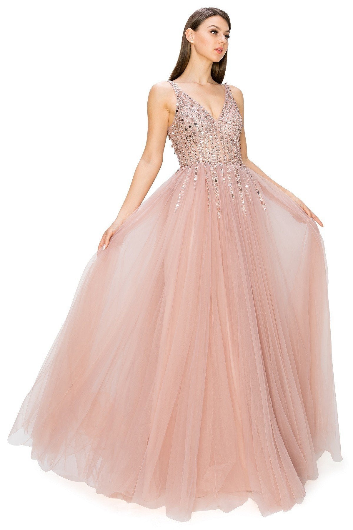 Dusty-Rose Sequins Lace Tulle A-line Gown by Cinderella Couture USA AS8034J - Special Occasion/Curves