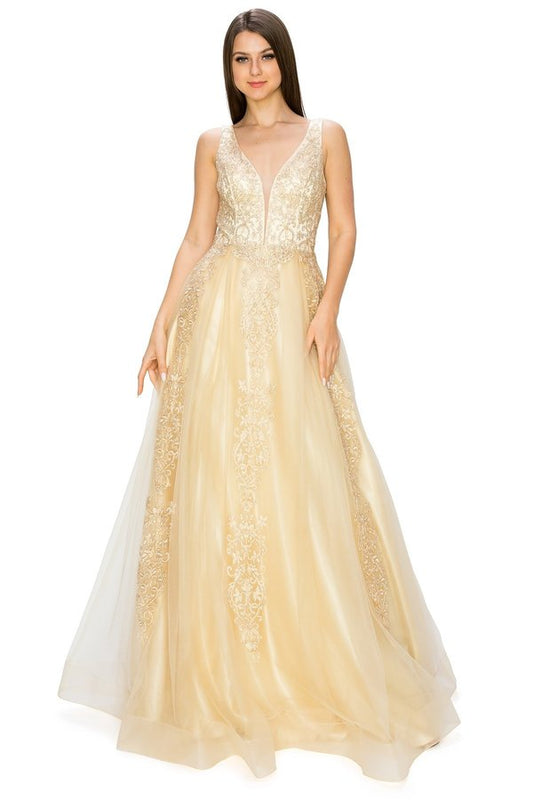 Champagne Glitter Floral Lace Tulle Gown by Cinderella Couture USA AS8029J-CHA Lace Tulle Gown - Special Occasion/Curves