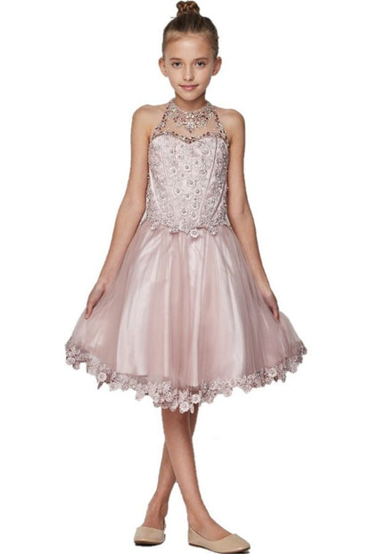 Halter Perl Beaded Mesh Satin Girl Party Dress by Cinderella Couture USA 8500