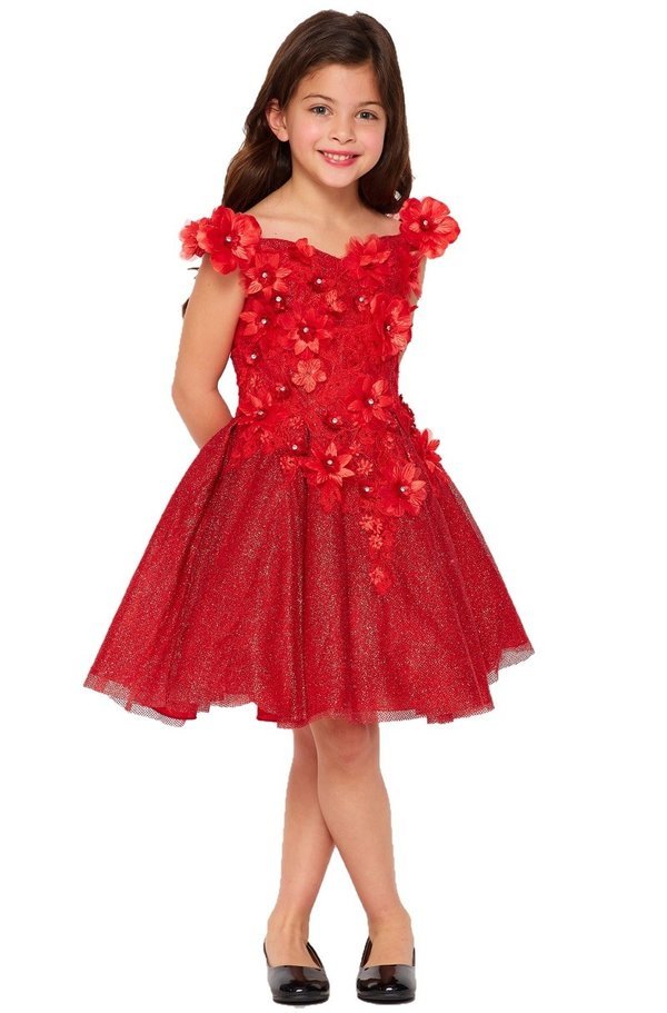 Vestido de fiesta de niña de tul con encaje floral y hombros descubiertos de Cinderella Couture USA AS5120