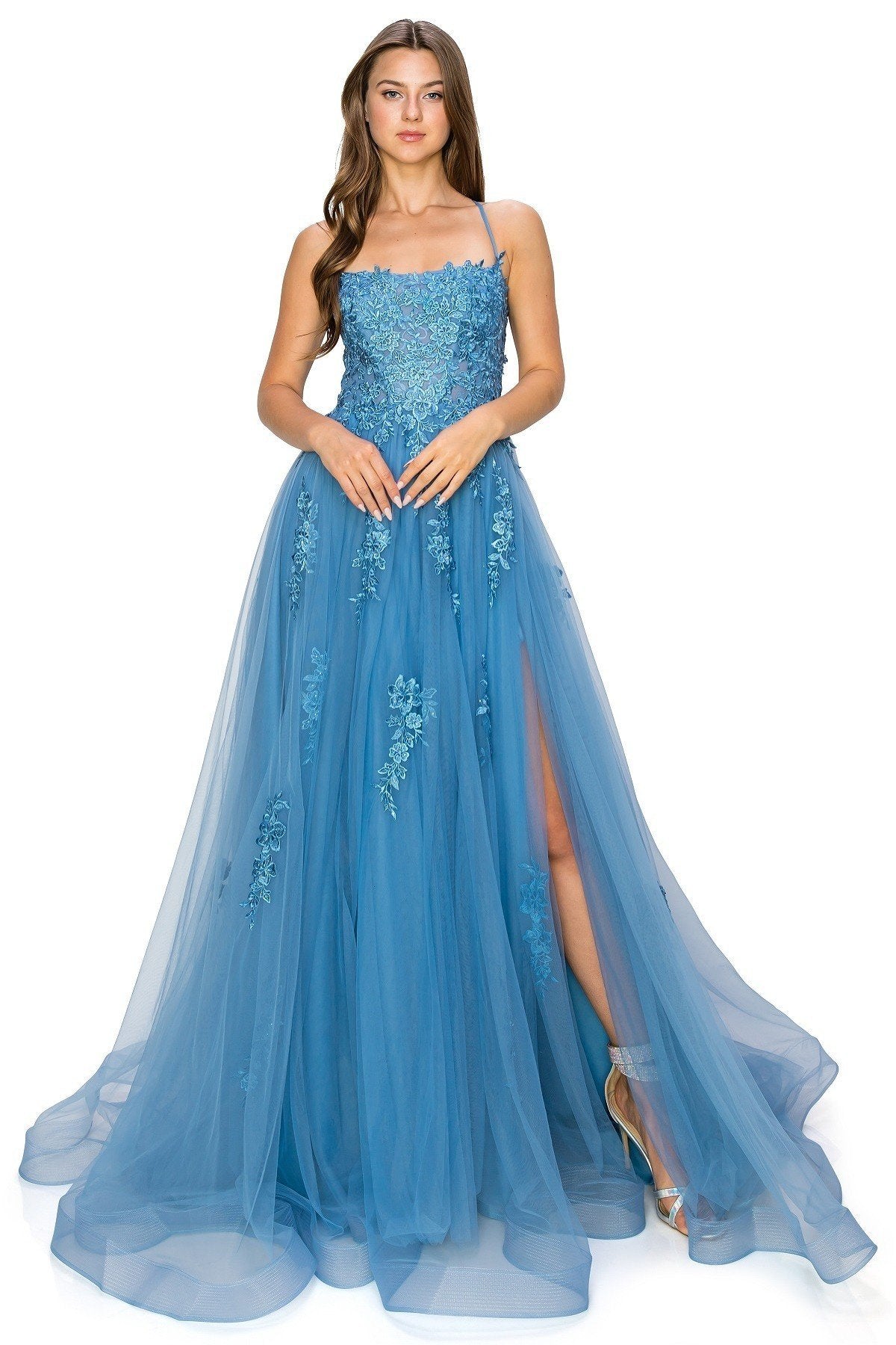 Dusty-Blue Lace Tulle Gown by Cinderella Couture USA AS8031J-DBlue-Q - Special Occasion/Curves
