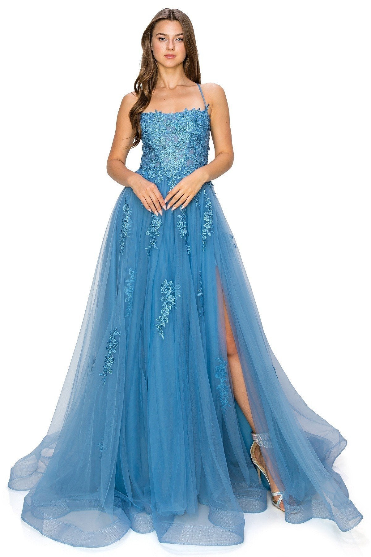 Dusty-Blue Lace Tulle Gown by Cinderella Couture USA AS8031J-DBlue-Q - Special Occasion/Curves Dusty Blue / 6/S