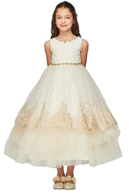 Metallic Gold Trim Flower Girl Dress by Cinderella Couture USA AS5099