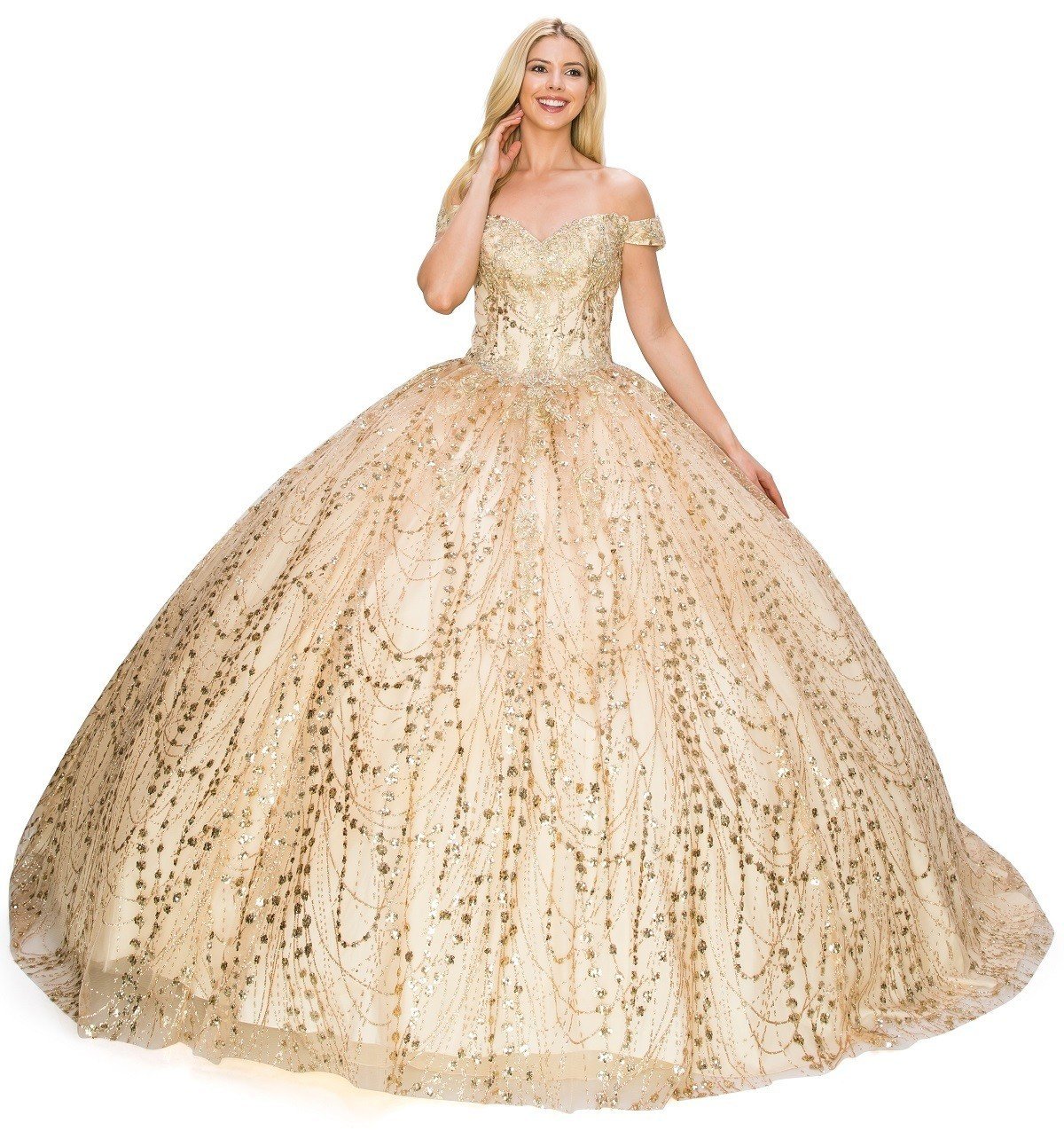 Off the Shoulder Sequin Girl Quinceanera Dress by Cinderella Couture USA AS8033J-CHA