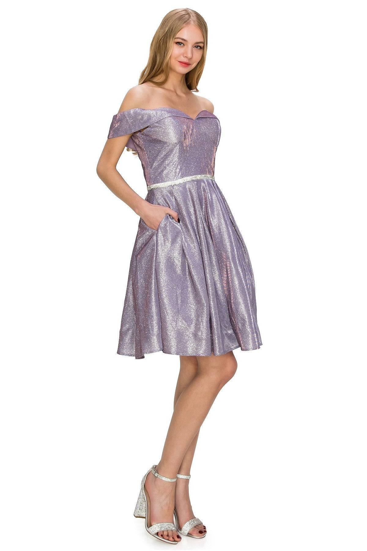 Off the Shoulder Glitter Short Party Dress by Cinderella Couture USA AS8012J-LILAC