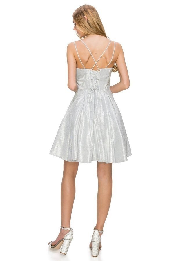 open lace back dress Shinny Metallic Party Short Dress by Cinderella Couture USA AS8011J-SI –  Ariststyles