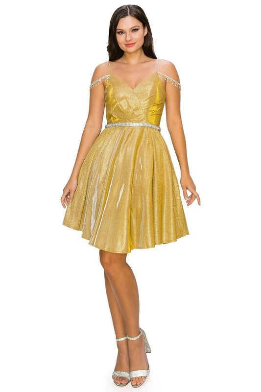 Metallic Glitter Short Party Dress by Cinderella Couture USA AS8014J-GOLD