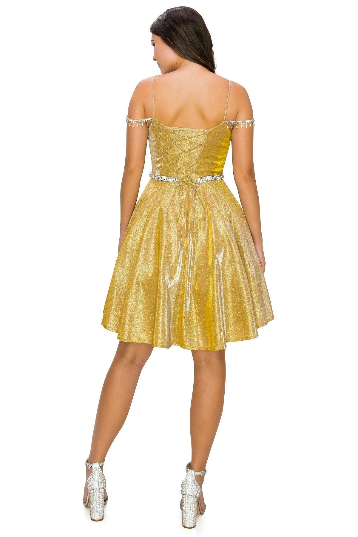 slim fit dress slacks Natalia Fedner Light Gold Sparkly Knit Mini Dress
