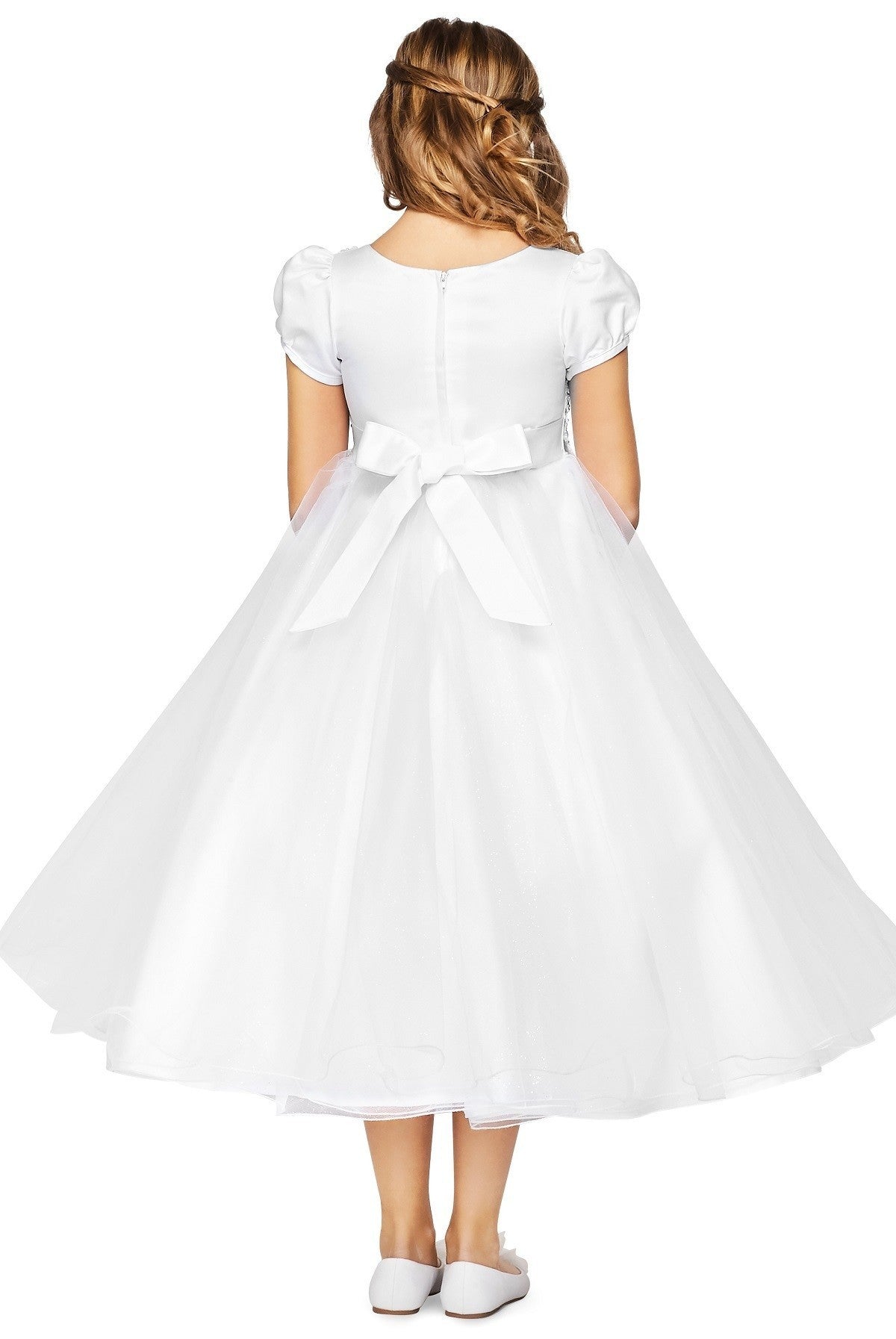 Puff Sleeve Floral Pearl Bead Lace Tulle Flower Girl Dress by Cinderella Couture USA AS2012