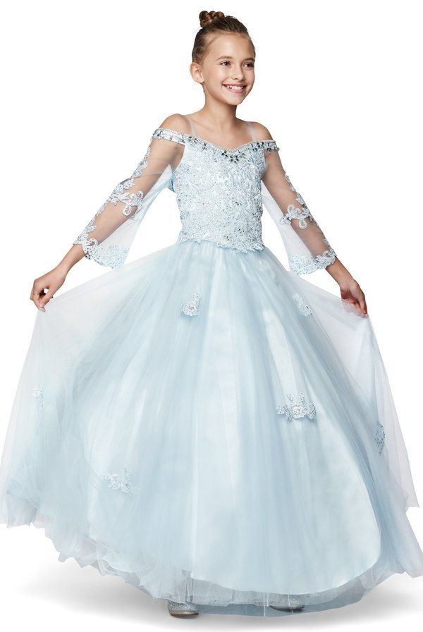 long sleeve tulle skirt mini dress Long Sleeve Tulle Satin Girl Mini Quince by Cinderella Couture USA AS8002 12 / Blue