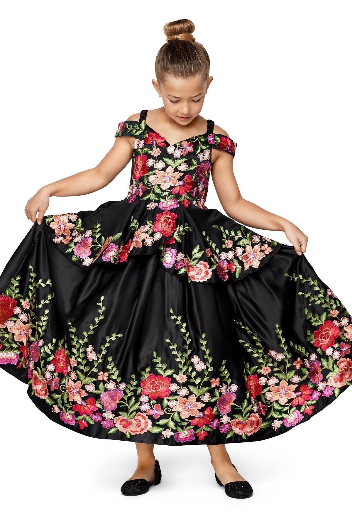 Off the Shoulder Floral Satin Girl Mini Quince by Cinderella Couture USA AS8006