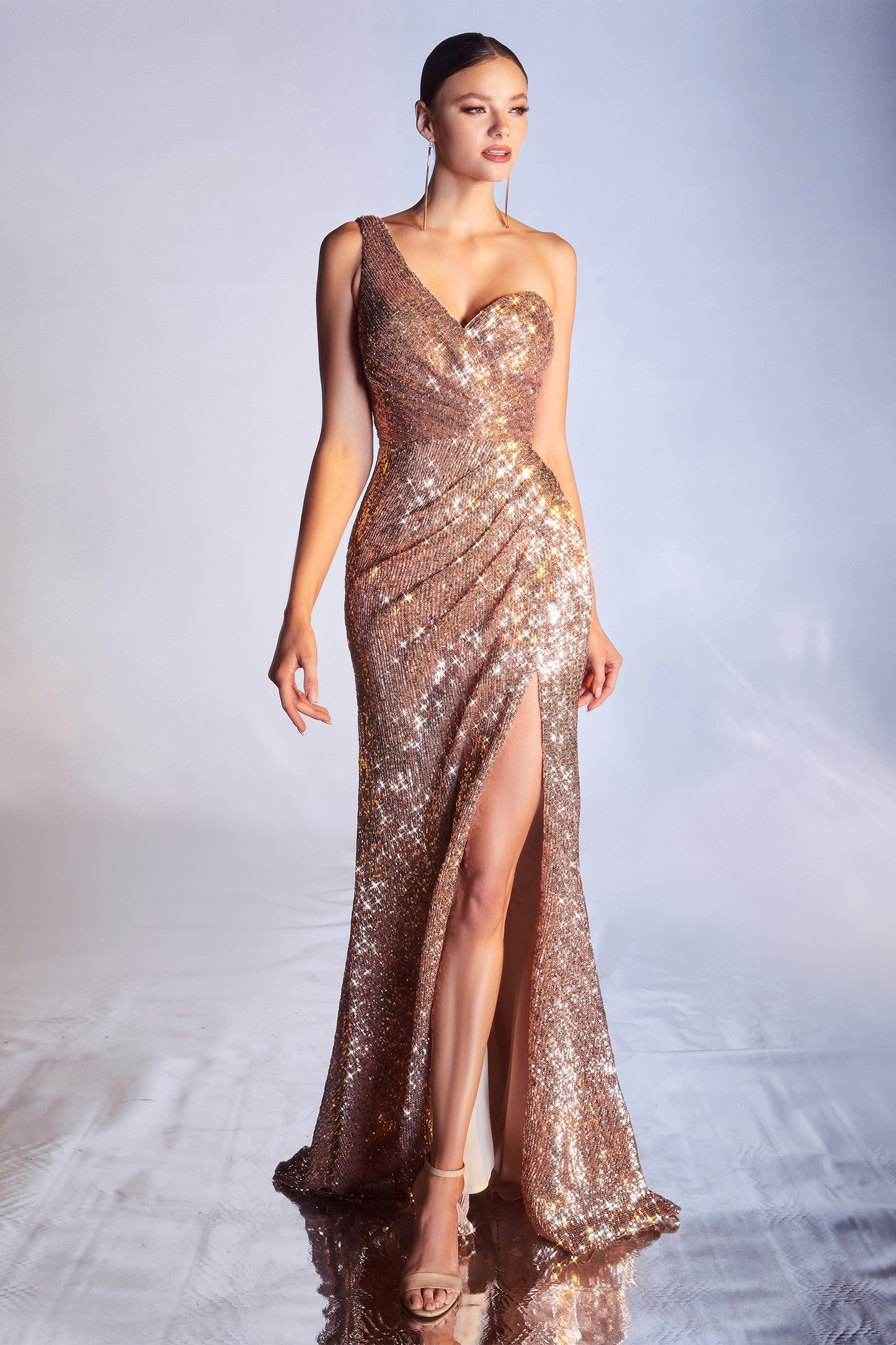 One Shoulder Sequin Gown by Cinderella Divine - CH182- Special Occasion