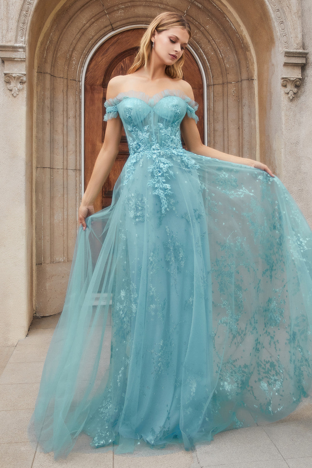Cerulean-blue Off Shoulder A-Line Gown A1154 - Special Occasion