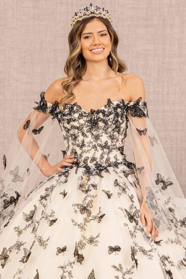 Champagne-black_3 Off the Shoulder Butterfly Applique Sweetheart Neckline Quinceanera Dress with Detachable Side Mesh Layer - GL3167